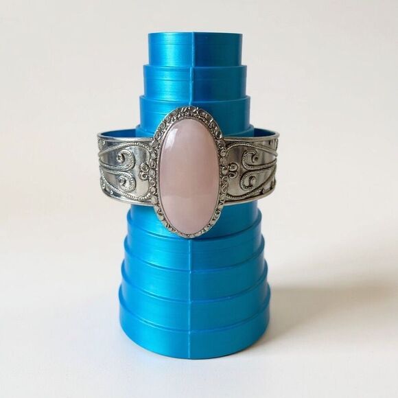 Artisan Rose Quartz Adjustable Silver Bangle Bracelet – Handcrafted Elegance New - Picture 1 of 10